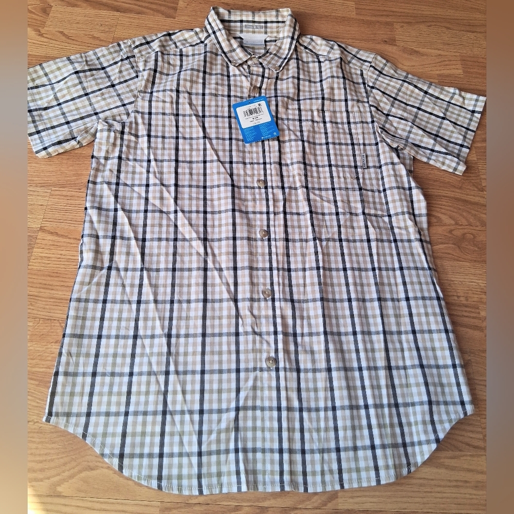 Columbia NWT Mens Shirt,  Short Sleeve,plaid, Tan, Black, Sz Sm, $50